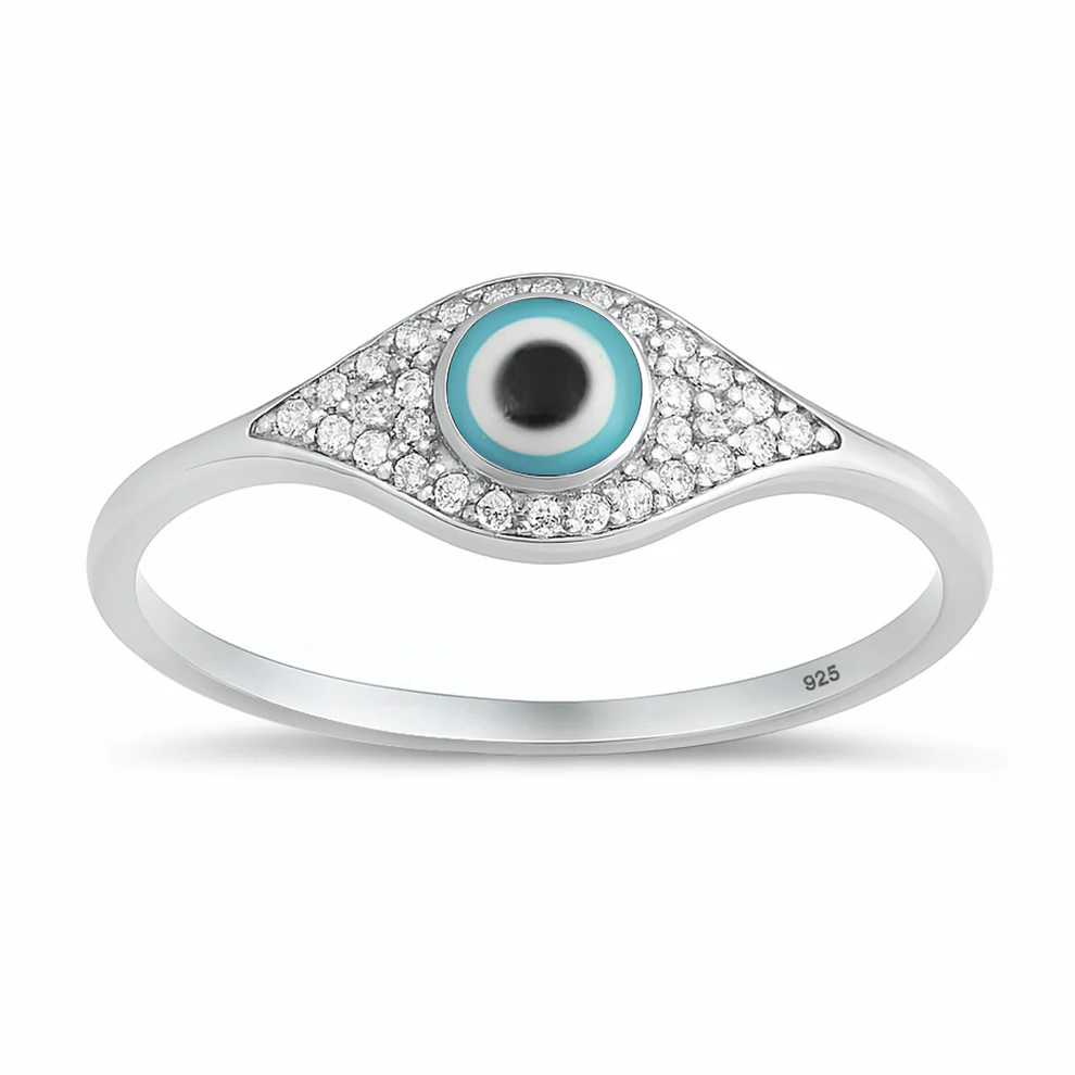 Sterling Silver Rhodium Plated 7mm Evil Eye Clear CZ Ring