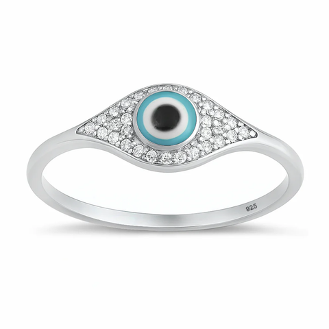 Sterling Silver Rhodium Plated 7mm Evil Eye Clear CZ Ring