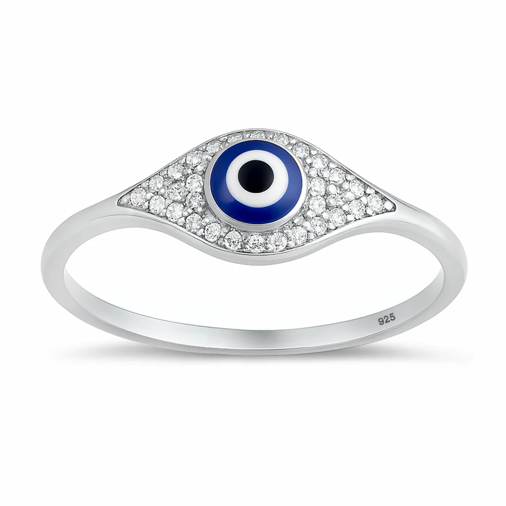 Sterling Silver Rhodium Plated 7mm Large Evil Eye Clear CZ Ring