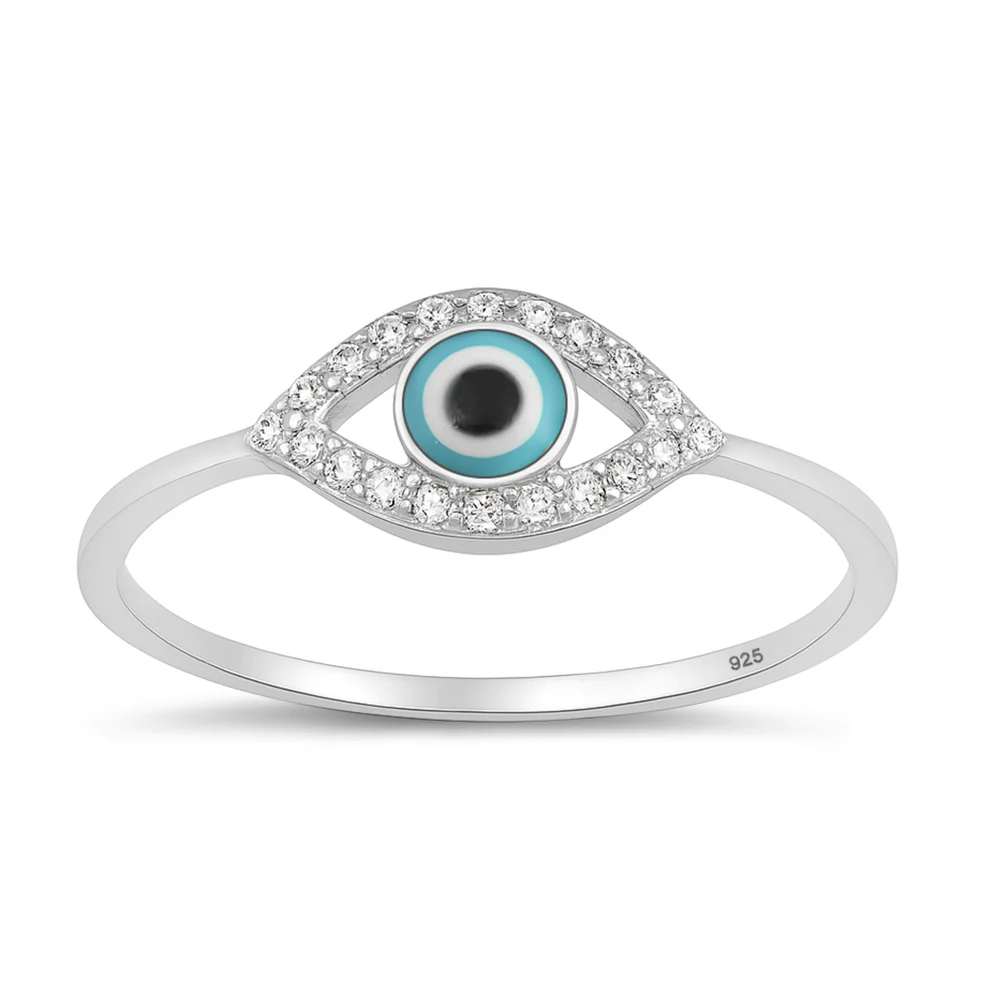 Sterling Silver Rhodium Plated Clear CZ Evil Eye Ring