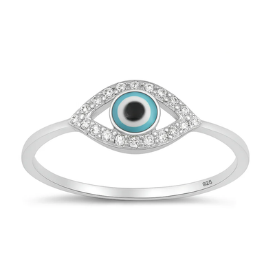 Sterling Silver Rhodium Plated Clear CZ Evil Eye Ring