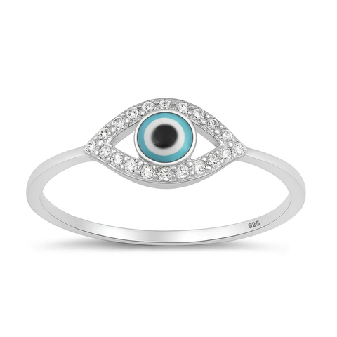 Sterling Silver Rhodium Plated Clear CZ Evil Eye Ring
