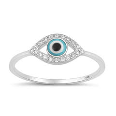 Sterling Silver Rhodium Plated Clear CZ Evil Eye Ring