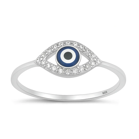 Sterling Silver Rhodium Plated 7.4mm Evil Eye Clear CZ Ring