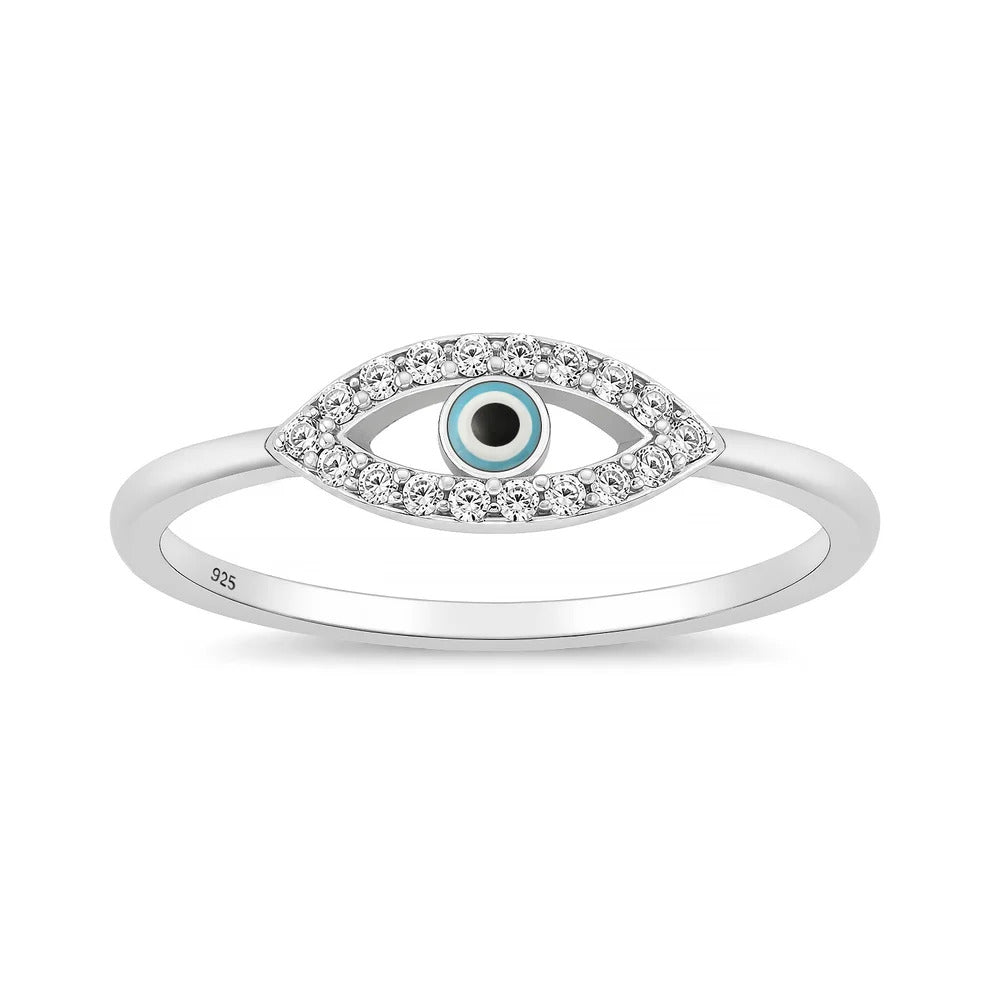 Sterling Silver Rhodium Plated Clear CZ And Enamel Evil Eye Ring