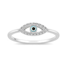 Load image into Gallery viewer, Sterling Silver Rhodium Plated Clear CZ And Enamel Evil Eye Ring