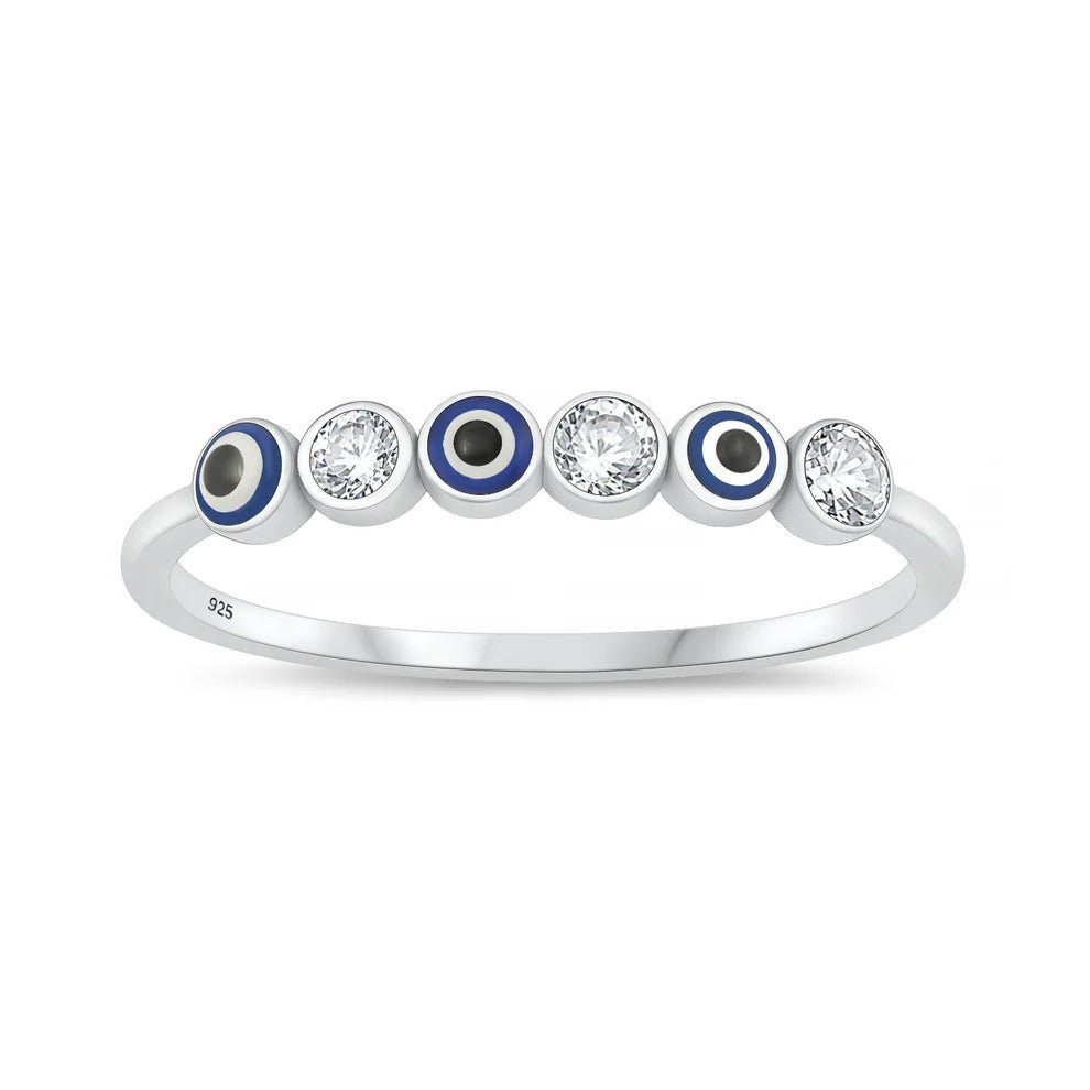 Sterling Silver Rhodium Plated Enamel And Clear CZ Evil Eye Ring