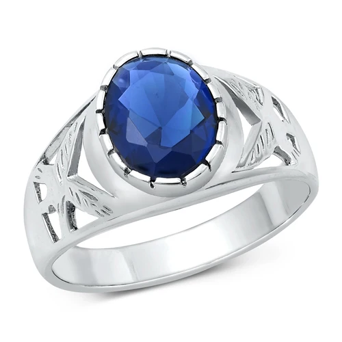 Sterling Silver Rhodium Plated Oval Blue Sapphire CZ Ring