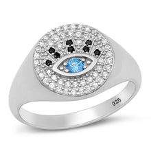 Load image into Gallery viewer, Sterling Silver Rhodium Plated Clear and Blue CZ Evil Eye Ring-13.6mm