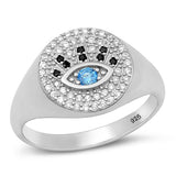 Sterling Silver Rhodium Plated Clear and Blue CZ Evil Eye Ring-13.6mm