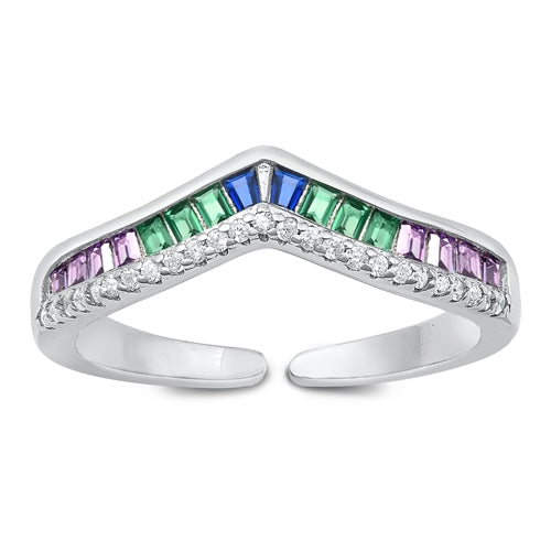 Sterling Silver Rhodium Plated V Shape Multicolored CZ Ring
