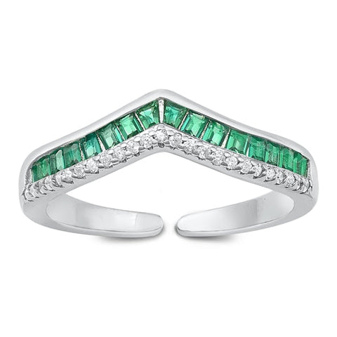 Sterling Silver Rhodium Plated Clear and Green Emerald CZ Ring