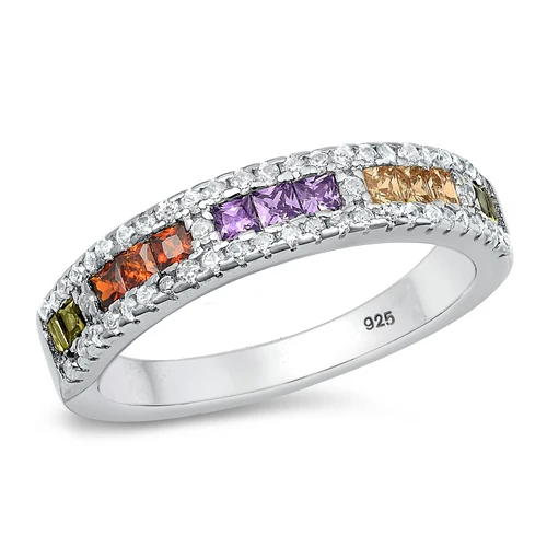 Sterling Silver Rhodium Plated 4.6mm Multi Colored CZ Ring