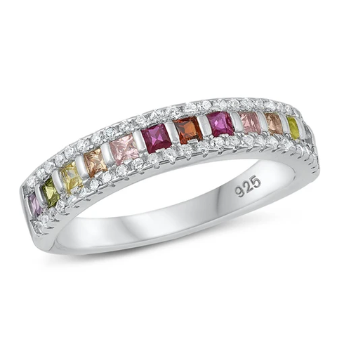 Sterling Silver Rhodium Plated Multi Colored CZ Ring