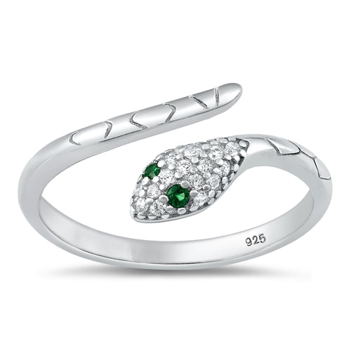 Sterling Silver Rhodium Plated Clear and Green CZ Snake Ring-10.2mm