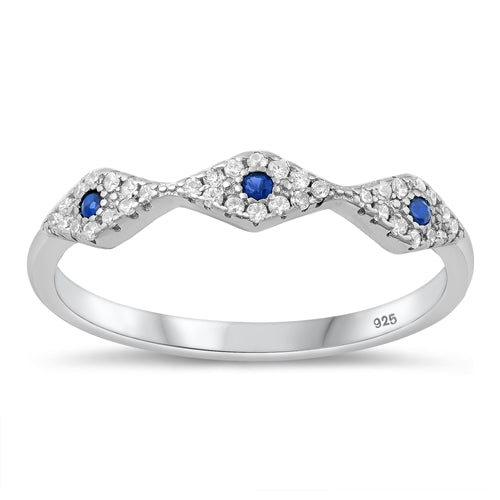 Sterling Silver Rhodium Plated Clear and Blue Sapphire CZ Evil Eye Ring-4mm