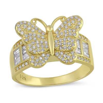 Sterling Silver Gold Plated Butterfly Clear CZ Ring
