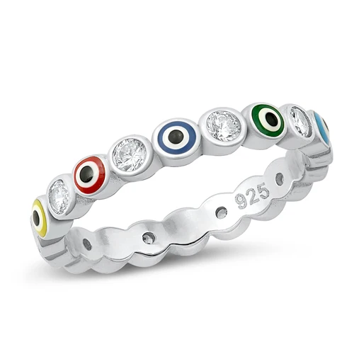 Sterling Silver Rhodium Plated Multi Color Evil Eye And Clear CZ Ring