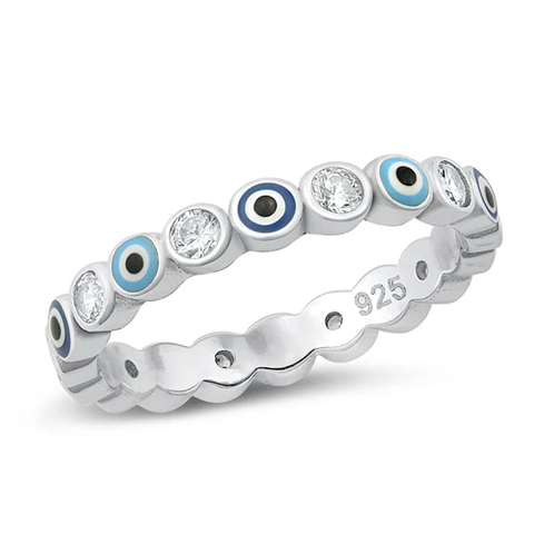 Sterling Silver Rhodium Plated Evil Eye And Clear CZ Ring