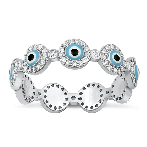 Sterling Silver Rhodium Plated Circles Evil Eye Clear CZ Ring