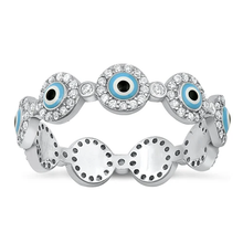 Load image into Gallery viewer, Sterling Silver Rhodium Plated Circles Evil Eye Clear CZ Ring