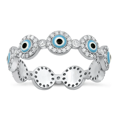 Sterling Silver Rhodium Plated Circles Evil Eye Clear CZ Ring