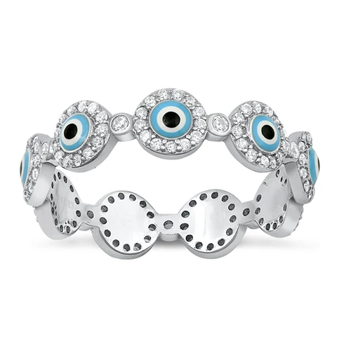 Sterling Silver Rhodium Plated Circles Evil Eye Clear CZ Ring