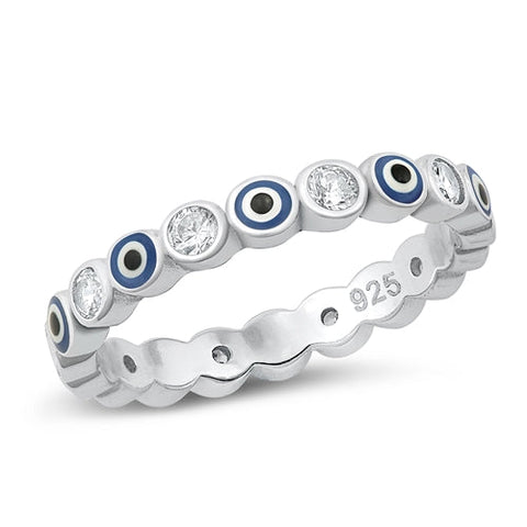 Sterling Silver Rhodium Plated Clear CZ Evil Eye Ring-3.3mm