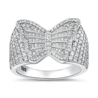 Sterling Silver Rhodium Plated Butterfly Clear CZ Ring