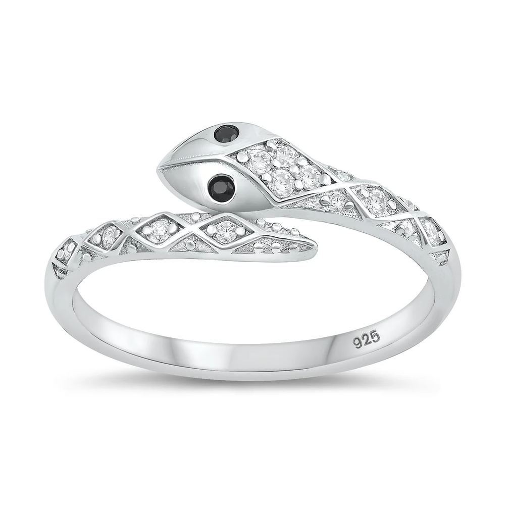 Sterling Silver Rhodium Plated Snake Black And Clear CZ Ring