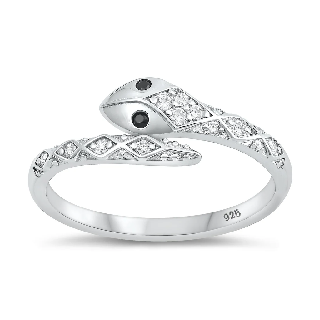 Sterling Silver Rhodium Plated Snake Black And Clear CZ Ring