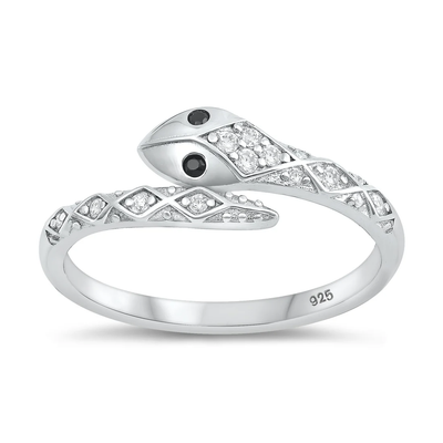 Sterling Silver Rhodium Plated Snake Black And Clear CZ Ring