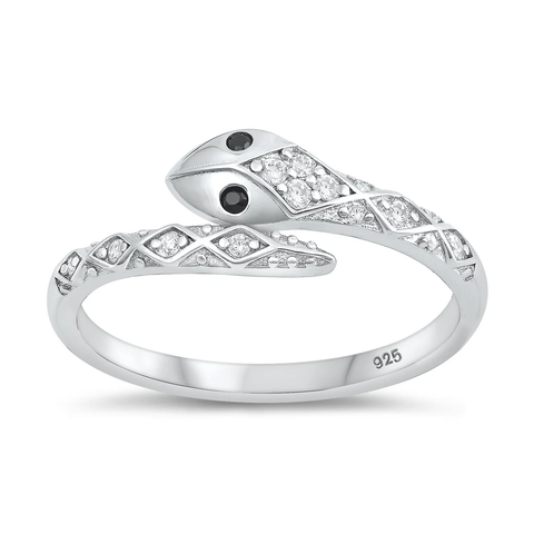 Sterling Silver Rhodium Plated Snake Black And Clear CZ Ring