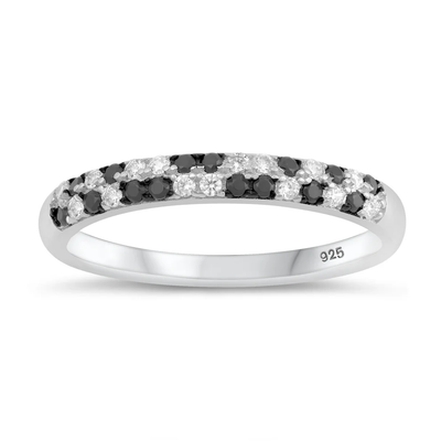 Sterling Silver Rhodium Plated Round Black And Clear CZ Ring