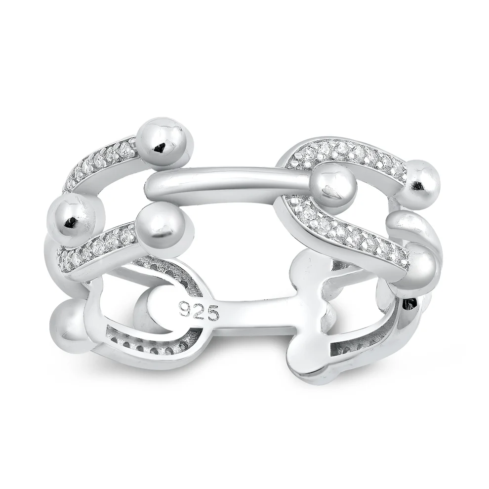 Sterling Silver Rhodium Plated Horseshoe Link Clear CZ Ring