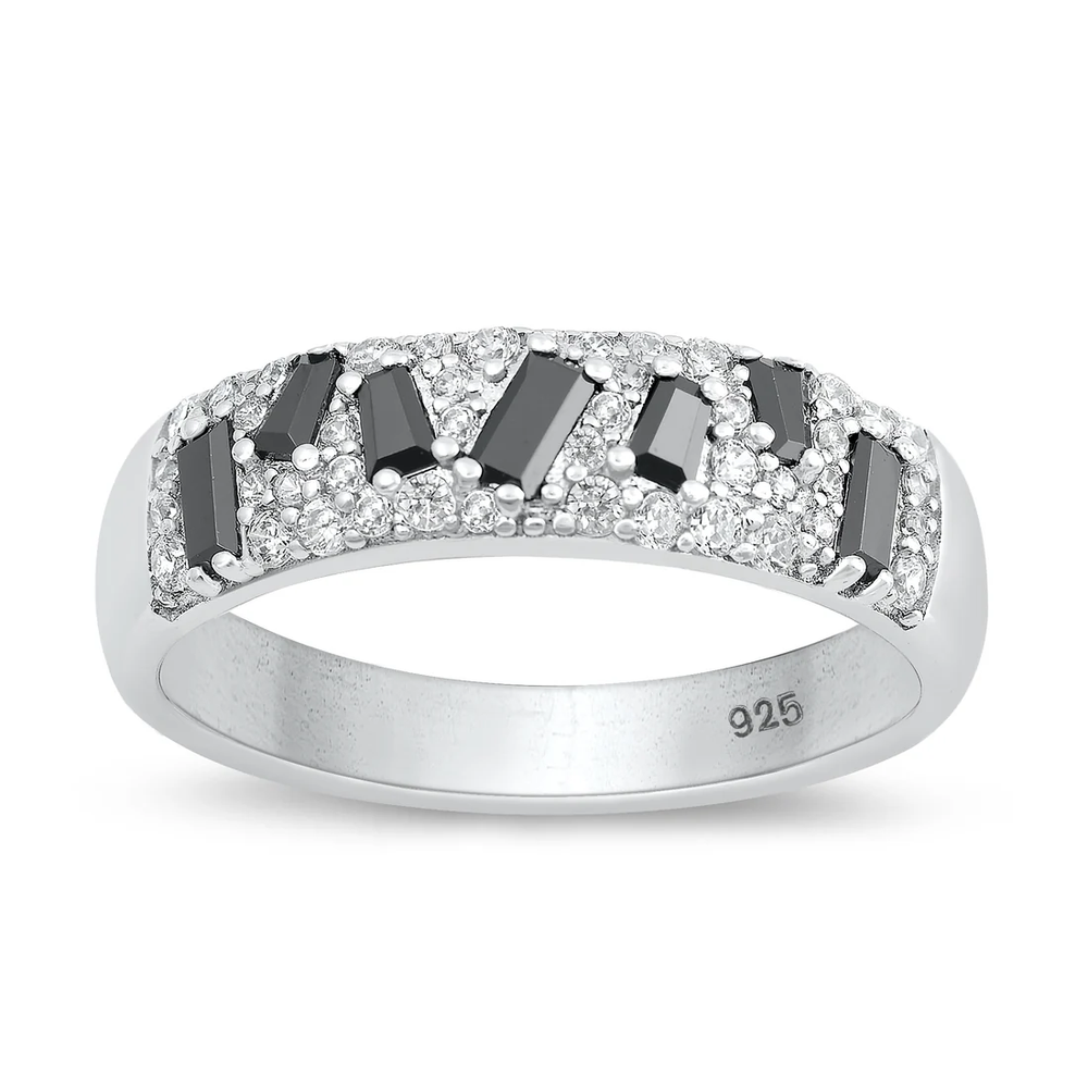 Sterling Silver Rhodium Plated Black And Clear CZ Ring