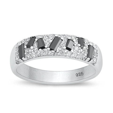 Sterling Silver Rhodium Plated Black And Clear CZ Ring