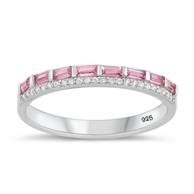 Sterling Silver Rhodium Plated Round Pink And Clear CZ Ring