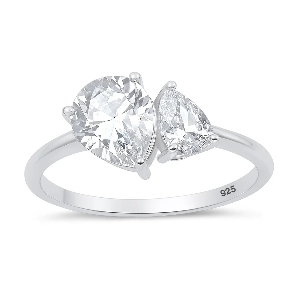 Sterling Silver Rhodium Plated Two Stone Pear Clear CZ Ring