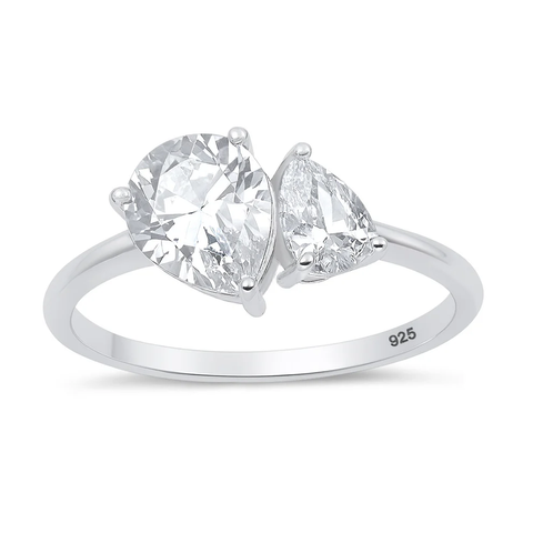 Sterling Silver Rhodium Plated Two Stone Pear Clear CZ Ring