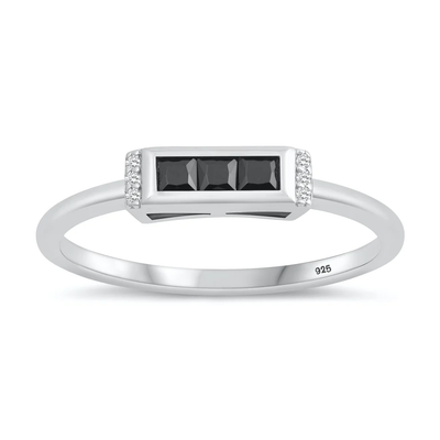Sterling Silver Rhodium Plated Rectangle Black And Clear CZ Ring