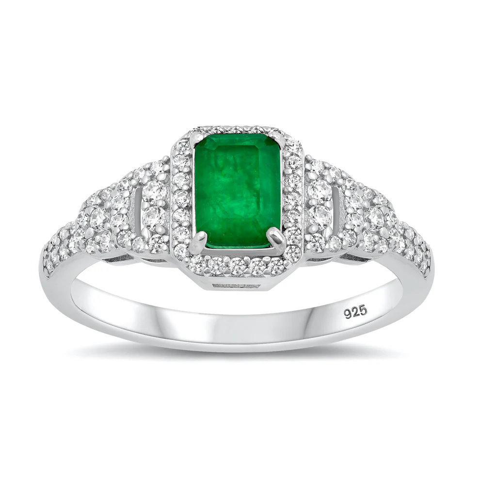 Sterling Silver Rhodium Plated Square Natural Emerald And Clear CZ Ring