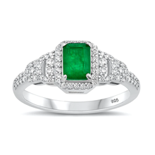 Load image into Gallery viewer, Sterling Silver Rhodium Plated Square Natural Emerald And Clear CZ Ring