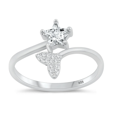 Sterling Silver Rhodium Plated Whale Tail And Star Clear CZ Ring