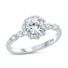 Sterling Silver Rhodium Plated Flower Clear CZ Ring