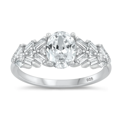 Sterling Silver Rhodium Plated Oval Clear CZ Ring