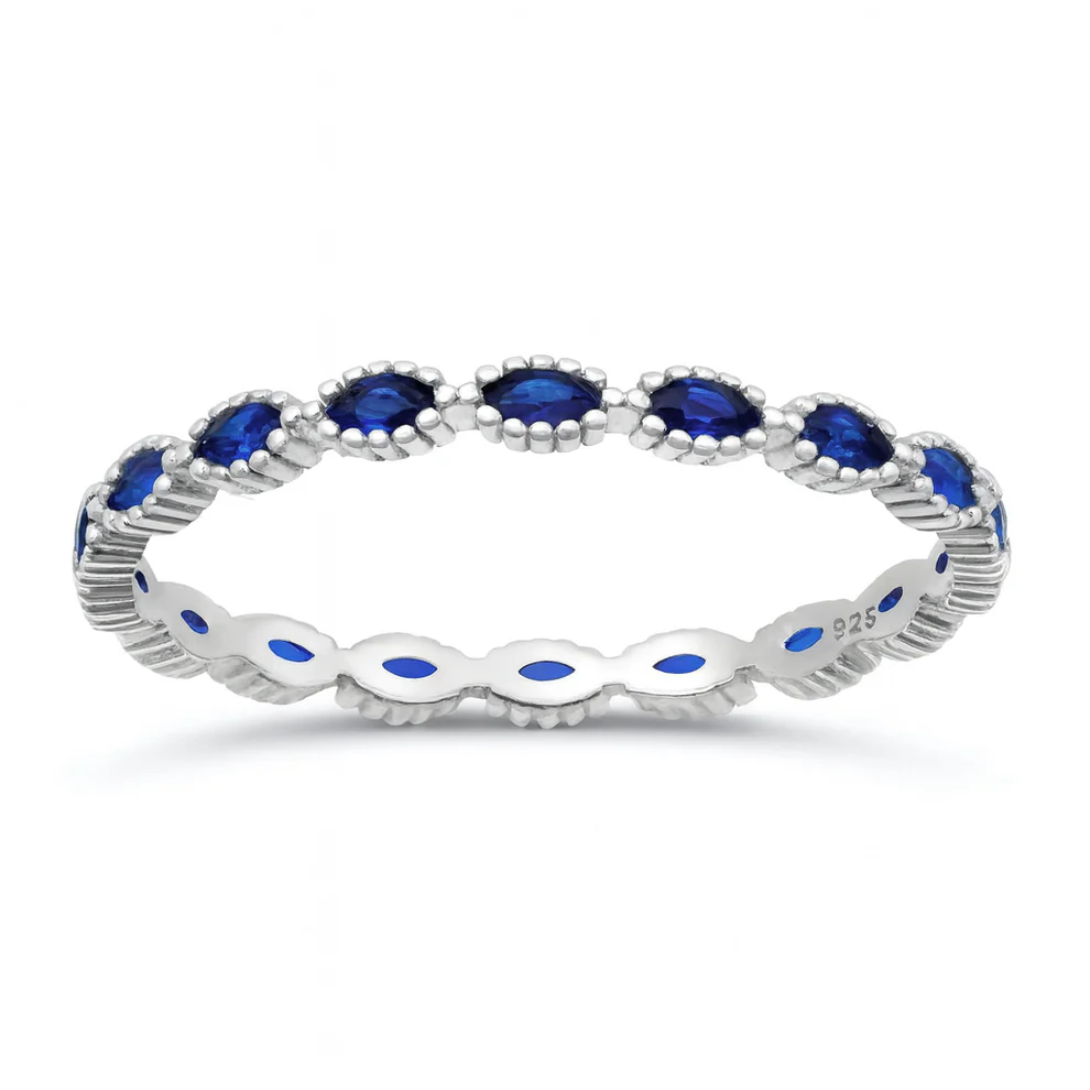 Sterling Silver Rhodium Plated Marquise Band Blue Sapphire CZ Ring