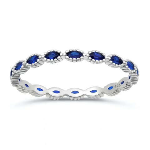 Sterling Silver Rhodium Plated Marquise Band Blue Sapphire CZ Ring