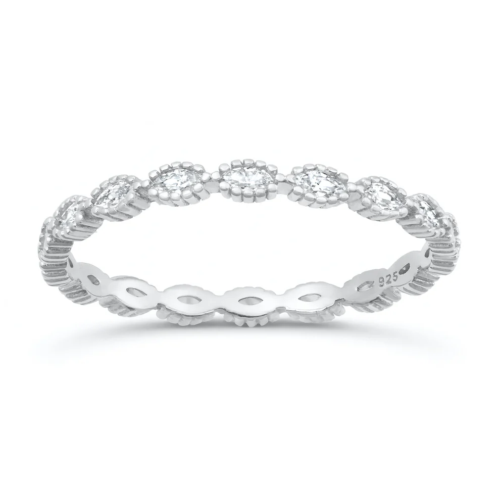 Sterling Silver Rhodium Plated Marquise Band Clear CZ Ring