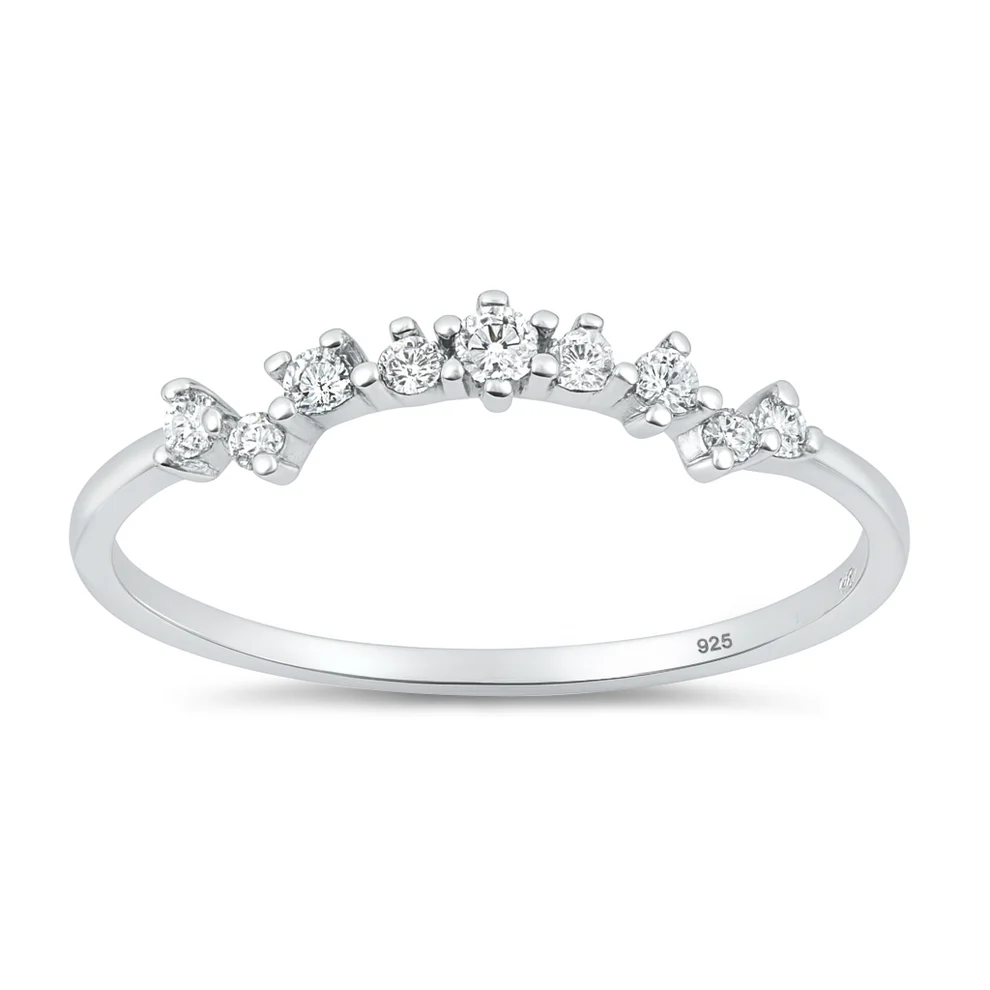 Sterling Silver Rhodium Plated Contour Band Clear CZ Ring